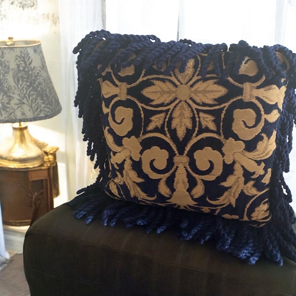 Borgata Navy Gold Decorative Fringe Baroque Damask Tapestry 12x12 Throw Pillow